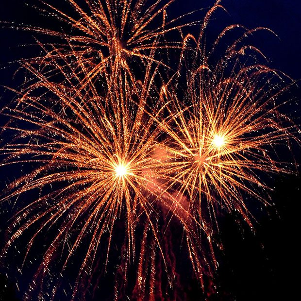 A group of fireworks are lit up in the night sky.