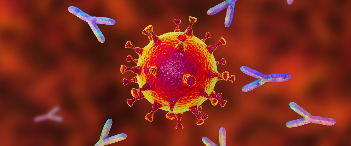 A red and yellow virus with some type of bacterium.