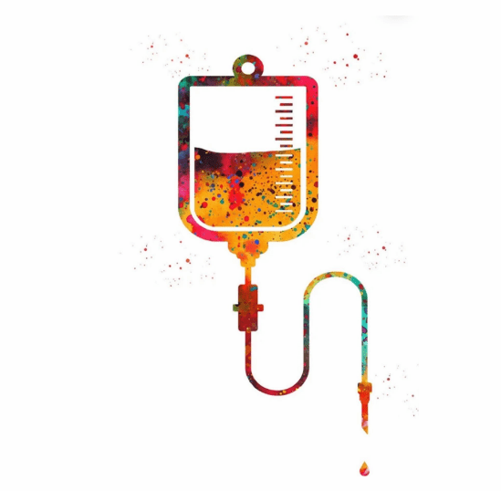 A colorful picture of an iv bag with blood coming out.